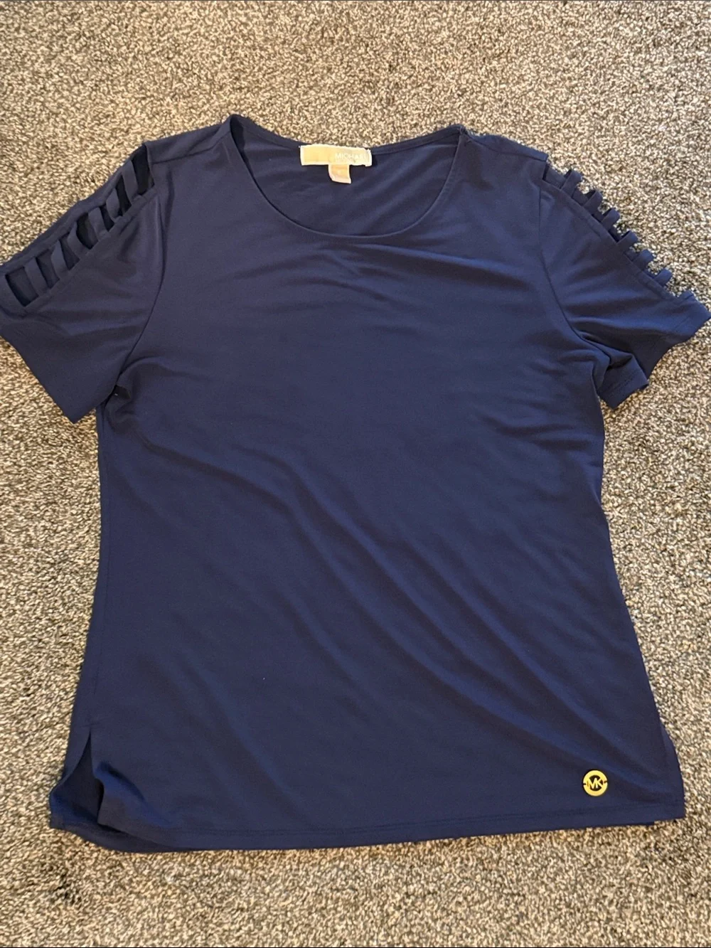 Michael Kors Navy Short Sleeve Top with Ladder Shoulder Cutouts